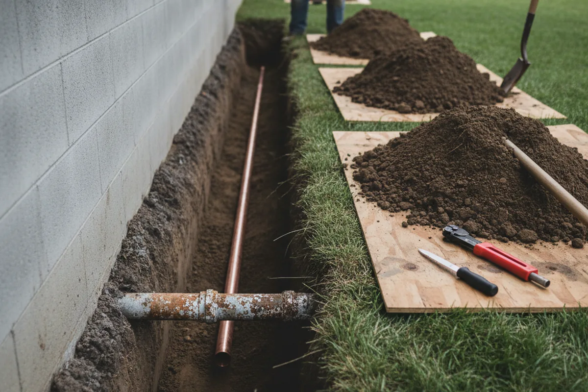 Excavated water line trench during Sewer Line Repair in Stockton